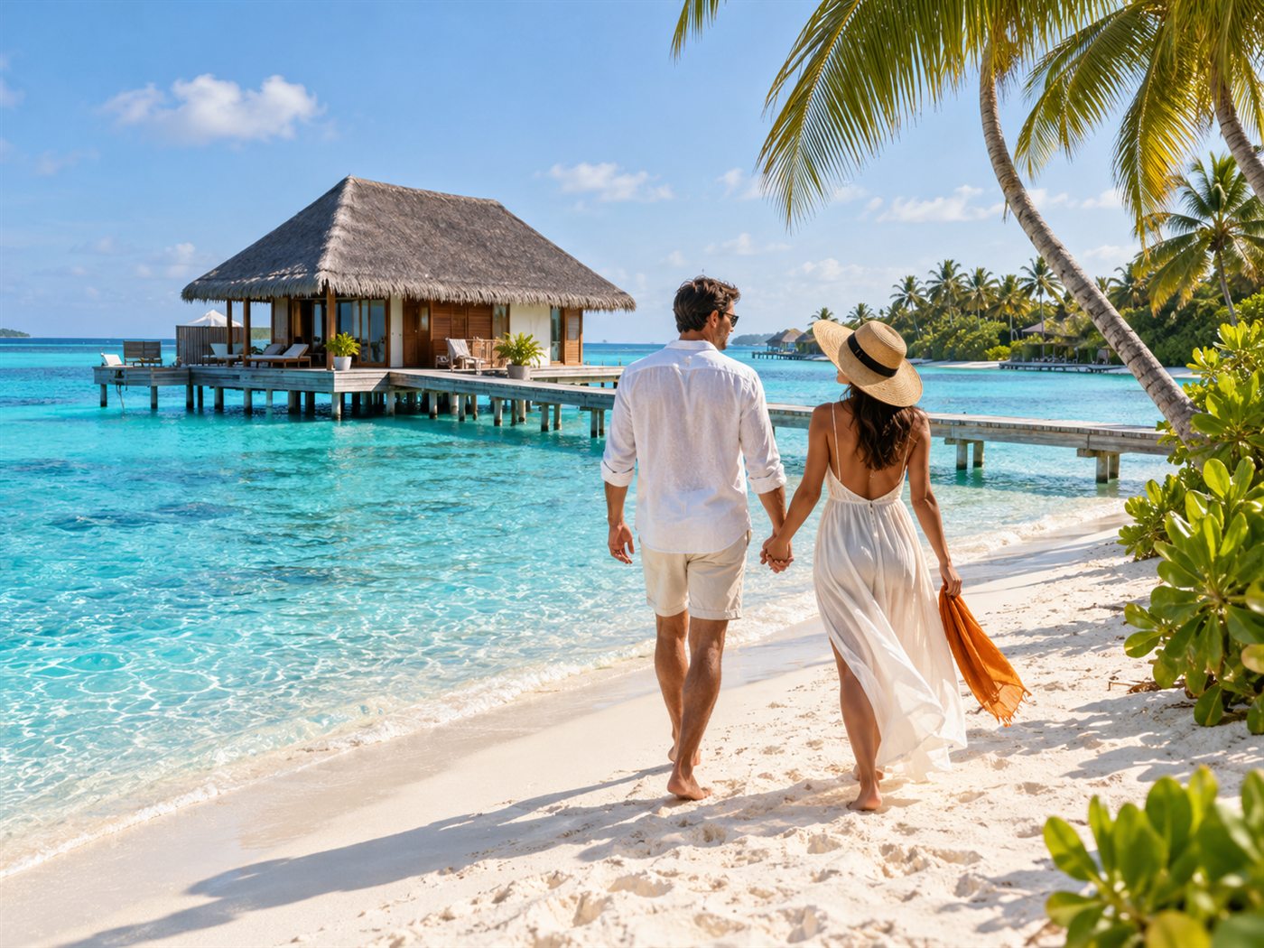 Plage et villas sur pilotis aux Maldives