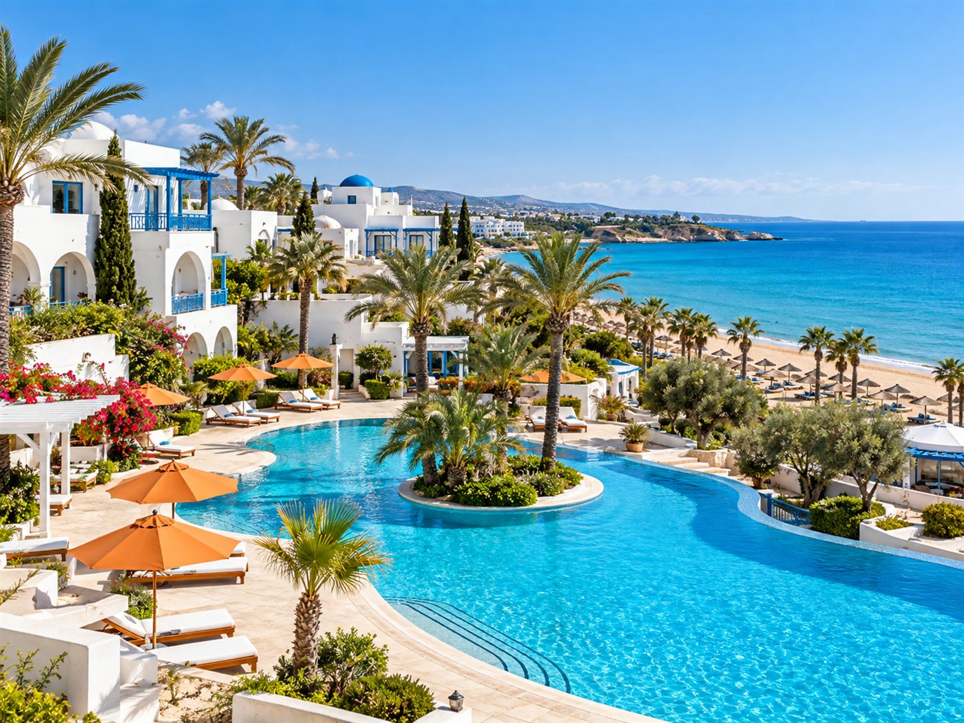 Piscine et palmiers en bord de mer à Hammamet